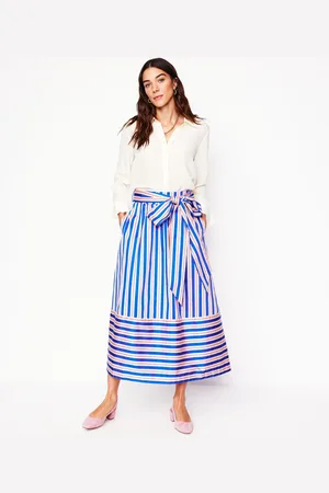 Boden Tie Belt Sateen Midi SkirtBlue and Terracotta Stripe Women