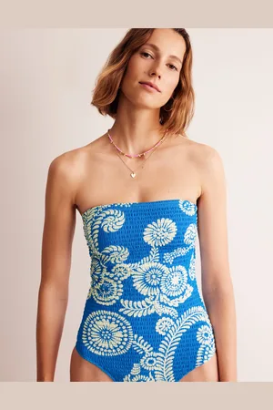 Boden Milos Smocked Bandeau SwimsuitIndigo Bunting, Abstract Charm Women