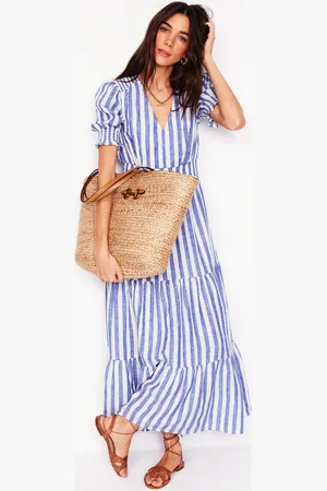 Boden Anna Linen Tiered Midi DressBright Blue Stripe Women