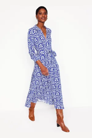 Boden Marcia Jersey Midi Shirt DressBright Blue, Elaborate Stamp Women