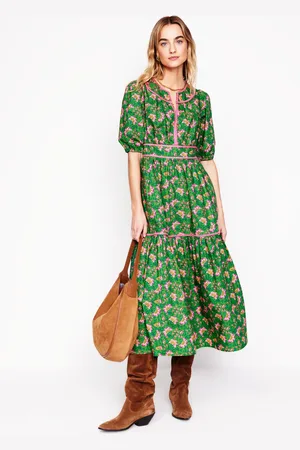 Boden Rhea Embroidered Midi DressGreen, Decorative Vine Women