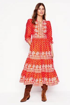 Boden Violet Cotton Midi DressFirecracker Red, Palm Flora Women
