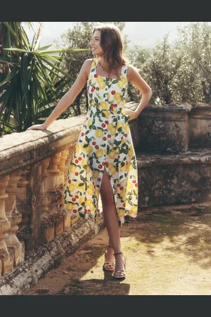 Boden Square Neck Linen Midi DressIvory, Cherries and Lemons Women
