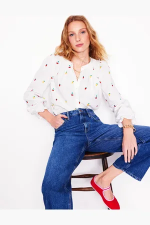 Boden Evie Double Cloth TopWhite, Embroidered Fruit Women