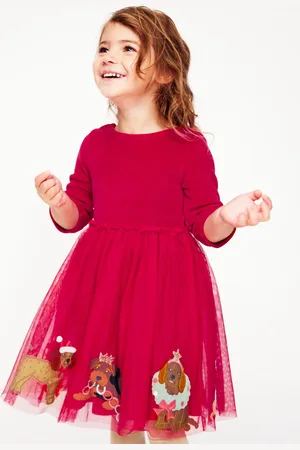 Boden Velvet Tulle Appliqué DressCarmine Red Festive Dogs Girls