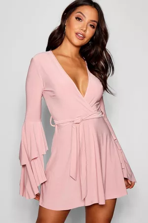 Boohoo Womens Plunge Neck Flared Sleeve Skater Dress - - 12