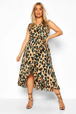 Boohoo Women Printed Dresses - Womens Plus Wrap Leopard Ruffle Midi Dress - - 24