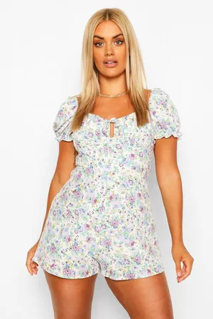 Boohoo Womens Plus Floral Print Ruched Sweetheart Romper - - 22