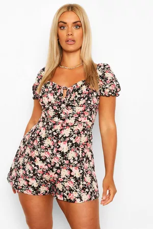 Boohoo Womens Plus Floral Print Ruched Sweetheart Romper - - 12