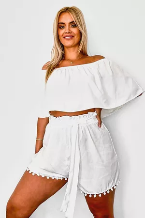 Boohoo Womens Plus Off Shoulder Pom Pom Short Co-Ord - - 16