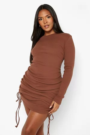 Boohoo Womens Plus Rib Ruched Long Sleeve Bodycon Dress - - 16