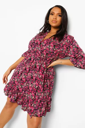 Boohoo Womens Plus Ditsy Floral Wrap Belted Dress - - 12
