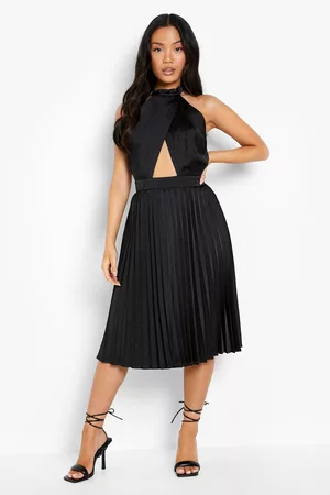 Boohoo Womens Petite Halter Satin Pleated Midi Dress - - 2