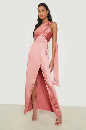 Hammered Satin One Shoulder Drape Maxi Dress