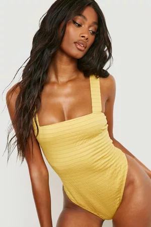 Boohoo Womens Wide Textured Rib Square Neck Bathing Suit - - 2