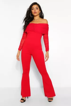 Boohoo Womens Mesh Off The Shoulder Ruched Jumpsuit - - 4