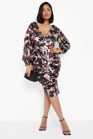Boohoo Womens Plus Floral Sequin Puff Sleeve Midi Dress - - 12
