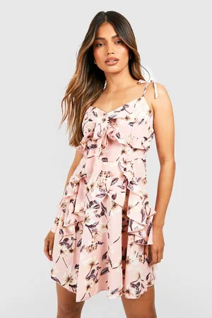 Boohoo Womens Floral Tiered Ruffle Tie Detail Swing Dress - - 4