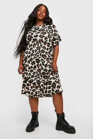Boohoo Women Printed Dresses - Womens Plus Leopard Ruffle Midi Smock Dress - - 12