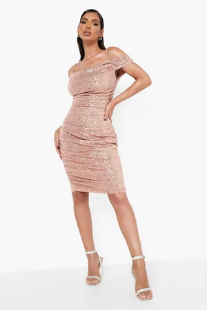 Boohoo Womens Sequin Off The Shoulder Ruched Midi Dress - - 4