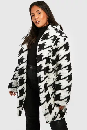 Boohoo Womens Plus Dogtooth Teddy Fur Coat - - 12
