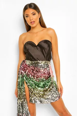 Boohoo Womens Rainbow Sequin Ruched Drape Mini Skirt - - 4
