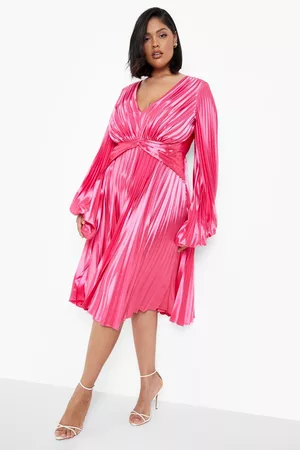 Boohoo Womens Plus Satin Pleated Blouson Sleeve Midi Dress - - 12