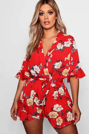 Boohoo Women T-shirts - Womens Plus Floral Printed Ruffle Hem Romper - - 16