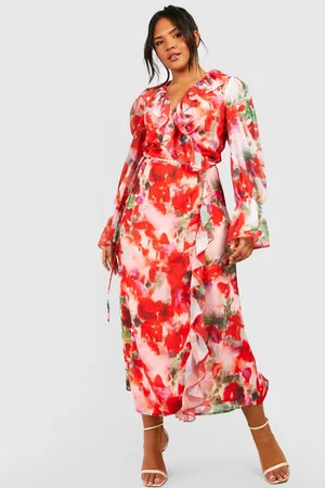 Boohoo Women Printed & Patterned Dresses - Womens Plus Floral Ruffle Wrap Dress - - 12