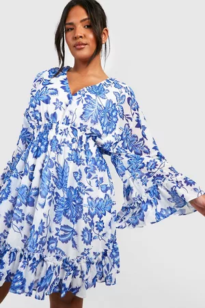 Boohoo Women Printed & Patterned Dresses - Womens Plus Floral Wrap Extreme Sleeve Smock Dress - - 12