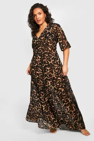 Boohoo Women Printed Dresses - Womens Plus Leopard Ruffle Beach Midi Dress - - 12