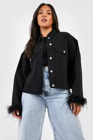 Boohoo Women Denim Jackets - Womens Plus Feather Cuff Oversized Jean Jacket - - 12