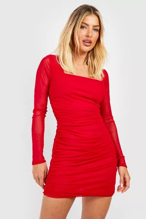 Boohoo Womens Square Neck Ruched Mesh Bodycon Dress - - 4