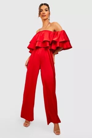 Boohoo Womens Tiered Ruffle Bardot Wide Leg Jumpsuit - 4