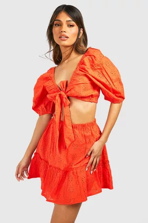 Boohoo Women Mini Skirts - Womens Eyelet Knot Top & Ruffle Hem Skirt - - 4