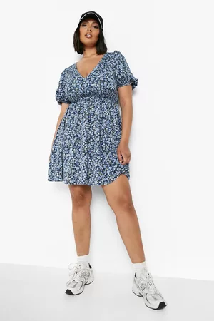 Boohoo Womens Plus Floral Puff Shirred Waist Skater Dress - - 12