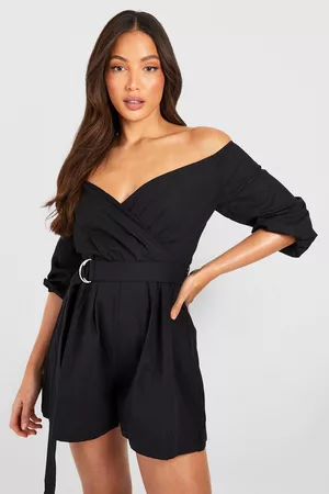 Boohoo Women T-shirts - Womens Tall Linen Look Mix Bardot Belted Wrap Romper - - 2