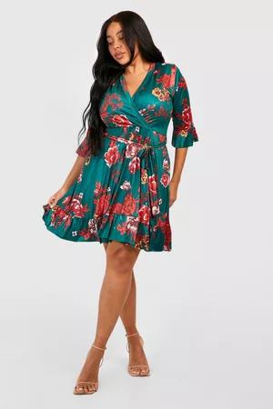 Boohoo Women Printed Dresses - Womens Plus Floral Wrap Belted Skater Dress - - 12
