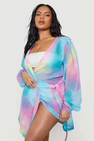 Boohoo Womens Plus Tie Dye Chiffon Belted Beach Kimono - - 12