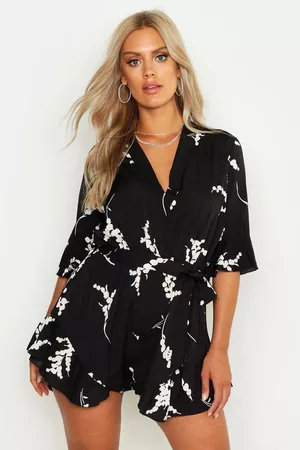 Boohoo Womens Plus Abstract Floral Print Ruffle Tie Romper - - 12