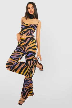 Boohoo Women Wide Leg Pants - Womens Mesh Zebra Print Flared Pants - - 2