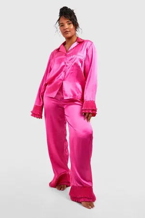 Boohoo Women Pajamas - Womens Plus Pleated Frill Satin Shirt & Short Pajama Set - - 24