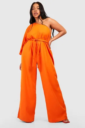 ASOS DESIGN one shoulder ruched bodice wide leg jumpsuit in orange