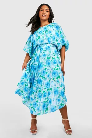 Boohoo Women Puff Sleeve Dress - Womens Plus Floral Pleated Puff Sleeve Midi Dress - - 12