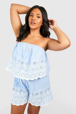 Boohoo Women T-Shirts - Womens Plus Chambray Embroidered Romper - - 12