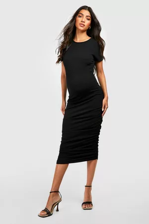 Boohoo Women Ruched Bodycon Dresses - Womens Maternity Crinkle Rib Ruched Racer Neck Bodycon Dress - - 4