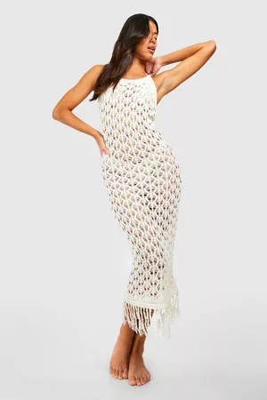 Boohoo Women Fringe Dresses - Womens Tall Crochet Fringe Hem Midaxi Beach Dress - - 2