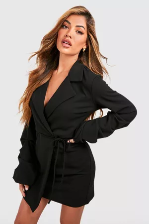 Boohoo Women Blazer Dresses - Womens Ruched Sleeve Tie Waist Blazer Dress - - 4
