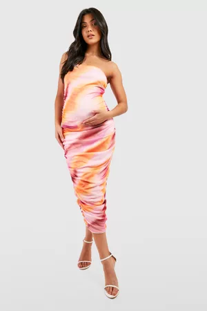 Boohoo Women Ruched Bodycon Dresses - Womens Maternity Bandeau Ruched Tie Dye Midaxi Dress - - 4