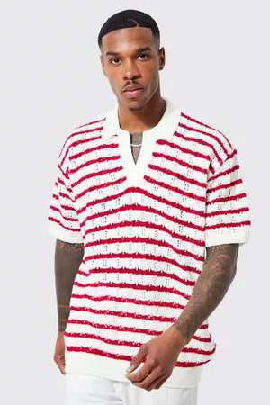 Boohoo Women Polo T-Shirts - Mens Short Sleeve Oversized Crochet Stripe Polo - - S